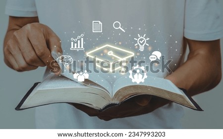 Education concept.Male student opening book with icon.Education internet Technology.knowledge,wisdom,graduate.