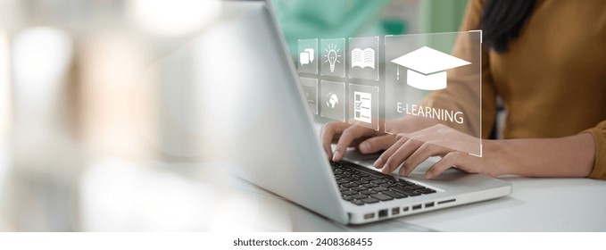 Education Distance E-learning Online Learning Personal development concept. Concept of Online education. woman use Online education training and e-learning webinar on internet for personal development