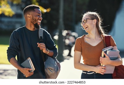 Education, diversity friends and students walking to college lecture class, school campus and talking on fun journey. University study, communication and learning black man and woman happy on travel - Shutterstock ID 2227464853