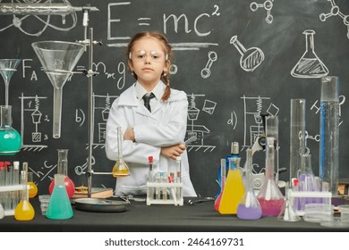 Education and early development of children. A little girl in a white coat - a young scientist - conducts experiments in a chemical laboratory. - Powered by Shutterstock