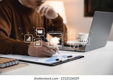 Education and E-learning concept, Webinar online, Young man attends online lessons on digital screen.