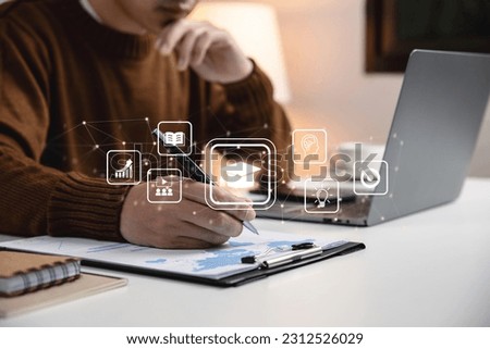 Education and E-learning concept, Webinar online, Young man attends online lessons on digital screen.