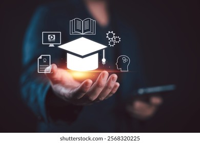 Education, E-learning technology concept. AI and machine learning enhance personalized learning. Technology course, business training. E-learning, education, internet learning, online education.