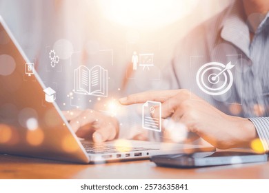 Education and e-learning technology concept with AI and machine learning enhancing personalized learning. Online courses, business training, and internet-based education platforms.