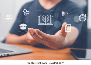 Education and e-learning technology concept with AI and machine learning enhancing personalized learning. Online courses, business training, and internet-based education platforms.