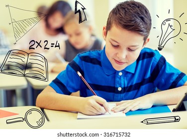 Education, Elementary School, Learning And People Concept - Group Of School Kids With Pens And Notebooks Writing Test In Classroom With Doodles