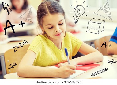 Education, Elementary School, Learning And People Concept - Group Of School Kids With Notebooks Writing Test In Classroom Over Doodles