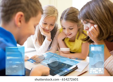 education, elementary school, learning, technology and people concept - group of kids with tablet pc computer having fun on break in classroom over virtual screens projections