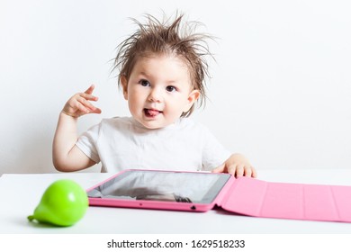 Education, Elementary School, Technology, Advertisement And Children Concept - Toddler  Girl Using Tablet/ipad/pc On A White Background Girl Ready To Study. Mockup, Place For Text. 