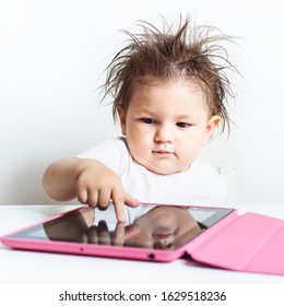 Education, Elementary School, Technology, Advertisement And Children Concept - Toddler  Girl Using Tablet/ipad/pc On A White Background Girl Ready To Study. Mockup, Place For Text. 