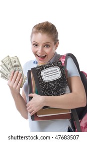 Education Financial Aid Caucasian College Student Holds Pile 100 (one Hundred) Dollar Bills Happy Getting Money Help To Subsidies Costly University Cost