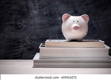 Education Financial Saving. Pink Piggy Bank On Top Of Books With Chalkboard.