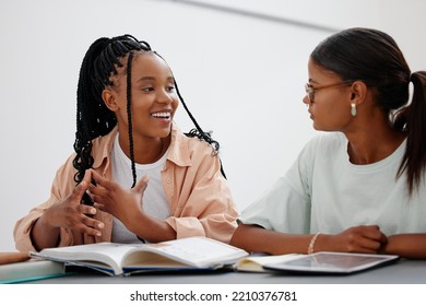 Education, Friends And Study With Girl Learning On Books And Digital Tablet In A Home, Distance Learning And School Project. Student, Help And Tutor For University Preparation With Young Learners