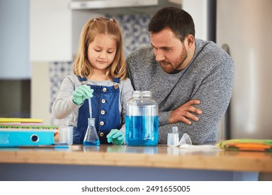 Education, girl and dad in home with chemistry or chemical experiment, blue liquid and creative learning. Father, daughter and diy project for science fair or homework, teaching and bonding in house. - Powered by Shutterstock