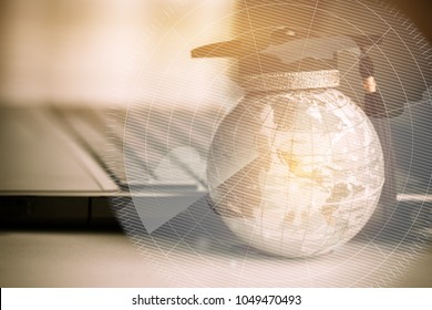 Education in Global, Graduation cap on top Earth globe model America map with Radar background. Concept of abroad international Educational, Back to School and Studies lead to success in world wide.