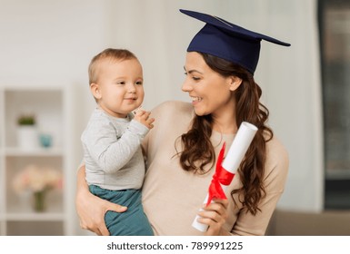 education, graduation and motherhood concept - happy mother student with baby boy and diploma at home