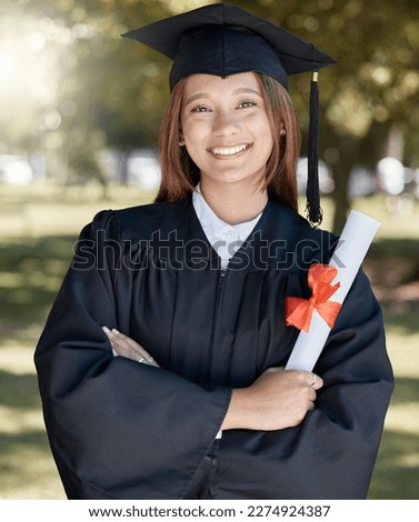 Education, graduation and portrait of woman with diploma on campus for success, award and achievement. University, college and happy female graduate smile with certificate, degree and academy scroll
