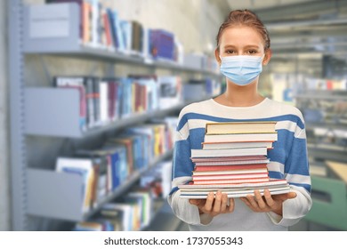 Education, Healthcare And Pandemic Concept - Teenage Student Girl With Books Wearing Face Protective Medical Mask For Protection From Virus Disease Over Library Background