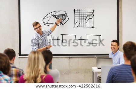 education, high school, economics and people concept - student standing with remote control in front of teacher and classmates and showing scheme on white board in classroom