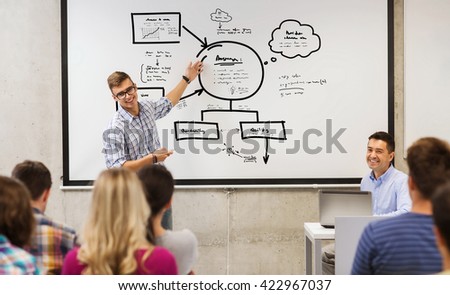 education, high school, planning and people concept - student standing with remote control in front of teacher and classmates and showing scheme on white board in classroom