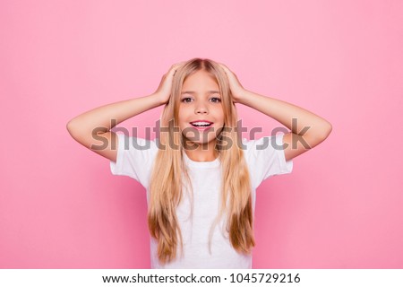 Education holiday elementary pre teens event party celebrate concept. Portrait of shocked charming beautiful cute sweet lovely tender gentle with long smooth straight hair isolated on pink background