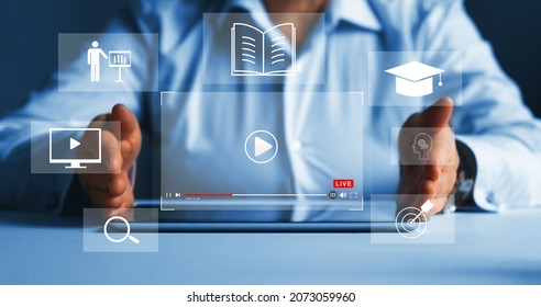 Education Internet Technology. E-learning Education, Internet Lessons And Online Webinar. Person Who Attends Online Lessons On A Digital Screen.