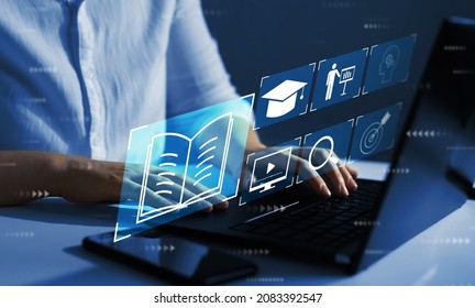 Education internet Technology. E-learning education, internet lessons and online webinar. Person who attends online lessons on a digital screen.