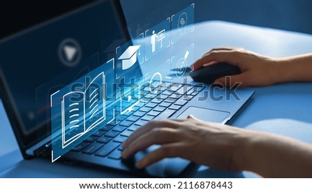 Education internet Technology.E-learning education, internet lessons and online webinar. Person who attends online lessons on a digital screen.