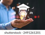 Education knowledge, Elearning graduate certificate program concept. Student hold book icon, lightbulb graduation hat. Study knowledge, creative thinking idea, online training class, degree solution