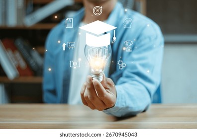 Education knowledge, Elearning graduate certificate program concept. Man hold book icon in lightbulb graduation hat. Study knowledge, creative thinking idea, online training qualify, degree solution