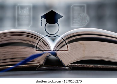 Education Knowledge Learning Study Abroad International Ideas. People Sign Flat Icon Vector With Graduation Celebrating Cap On Open Old Textbook For Reading In Library Classroom. Success In University