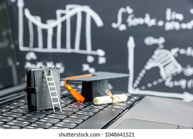 Education Or Knowledge Is Power Concept : White Ladder Leans Against A Book With Black Graduation Cap Or Hat, Certificate, Chalk Board With Math / Calculus Formular Or Arithmetic Operations / Equation