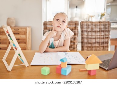 Education, Learning And Development With A Girl Thinking Of An Idea While Doing Homework Or Remote Studying From Home. Student, Study And Learn With A Young Female Child Day Dreaming In Her House