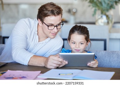 Education, Learning And Father And Child On Digital Tablet, Distance Learning At Tablet At Home Together. Happy, Girl And Parent Bonding During Homeschooling Lesson, Online Educational Program