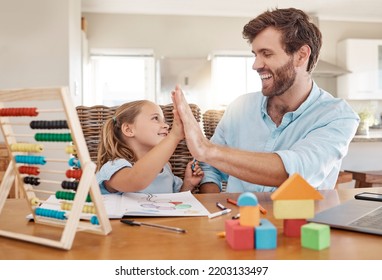 Education, Learning And High Five By Father And Girl In Homeschooling Lesson At Kitchen Table. Support, Teaching And Help In Child Development By Parent And Daughter Winning In Homework, Abacus Math