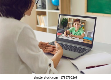 Education Learning Teaching Online. The Teacher Teaches The Child Using A Video Conference Computer. Virtual School Lesson