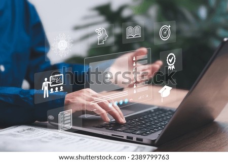 Education learning and technology, Artificial intelligence for modern learning concept, Young women use laptop learning with online application Communication and knowledge exchange through video