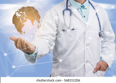 Education and Medical concept - World map medical network on a background of male doctor with Stethoscope. 