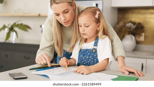 Education, mother and learning child writing or drawing for kindergarten school homework or project in a house. Support, development and mama helping or working with a smart and creative girl student - Shutterstock ID 2261589499