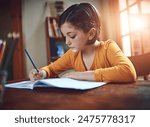 Education, notebook and writing with student girl in dining room of home for distance learning. Child development, growth and study with kid at desk in bedroom of apartment for academic scholarship