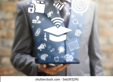 Education online e-learning business web tablet computer concept. Learning workshop and presentation learn to think internet training knowledge technology. Graduation cap wifi icon