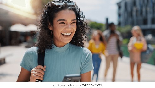 Education, phone and thinking with student laughing on campus of college or university for learning. Commute, development and funny with happy woman outdoor at school for growth, scholarship or study - Powered by Shutterstock