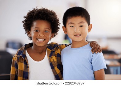 Education, portrait or boy children in classroom learning or studying in preschool together with support. Development, diversity or happy students with growth mindset for knowledge in kindergarten - Powered by Shutterstock