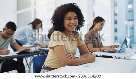 Education, portrait and girl university student in classroom for business management lecture or studying. Phd, face and happy female college learner in a lecture for future, career or development