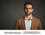 Education, portrait and space with professor man in studio on dark background for college lecture. Face, fashion and glasses with confident university teacher on mockup for development or learning