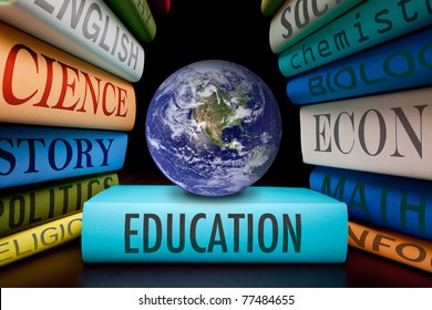 education school book stack of college high school or university college books with text learning gives knowledge wisdom online learning study, globe is courtesy of NASA, http://visibleearth.nasa.gov/ - Shutterstock ID 77484655