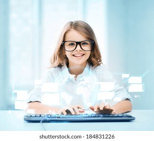 Education, School And Future Technology Concept - Little Student Girl With Keyboard And Virtual Screen At School