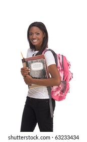 Education Series - Friendly Ethnic Black Female High School Student With Backpack And Composition Book