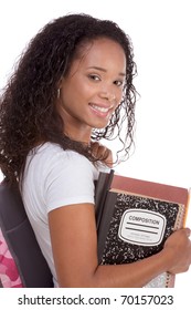 education series - Friendly ethnic black female high school student with backpack and composition book