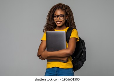 Education Series Template - Friendly Ethnic Black Woman High School Student Typing On Portable Computer